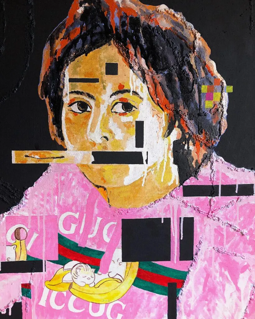 Girl with Peaches (1) — original pop art painting by PRAKORIN, detail 2