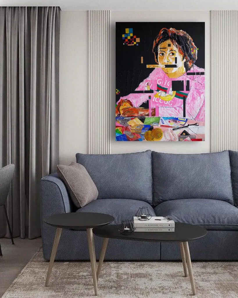 Girl with Peaches (1) — original pop art painting by PRAKORIN, detail 3