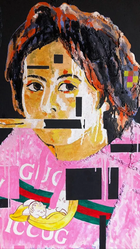 Girl with Peaches (1) — original pop art painting by PRAKORIN, detail 6