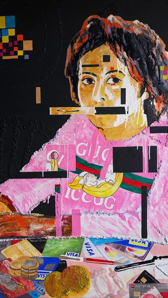 Girl with Peaches (1) — original pop art painting by PRAKORIN, detail 9