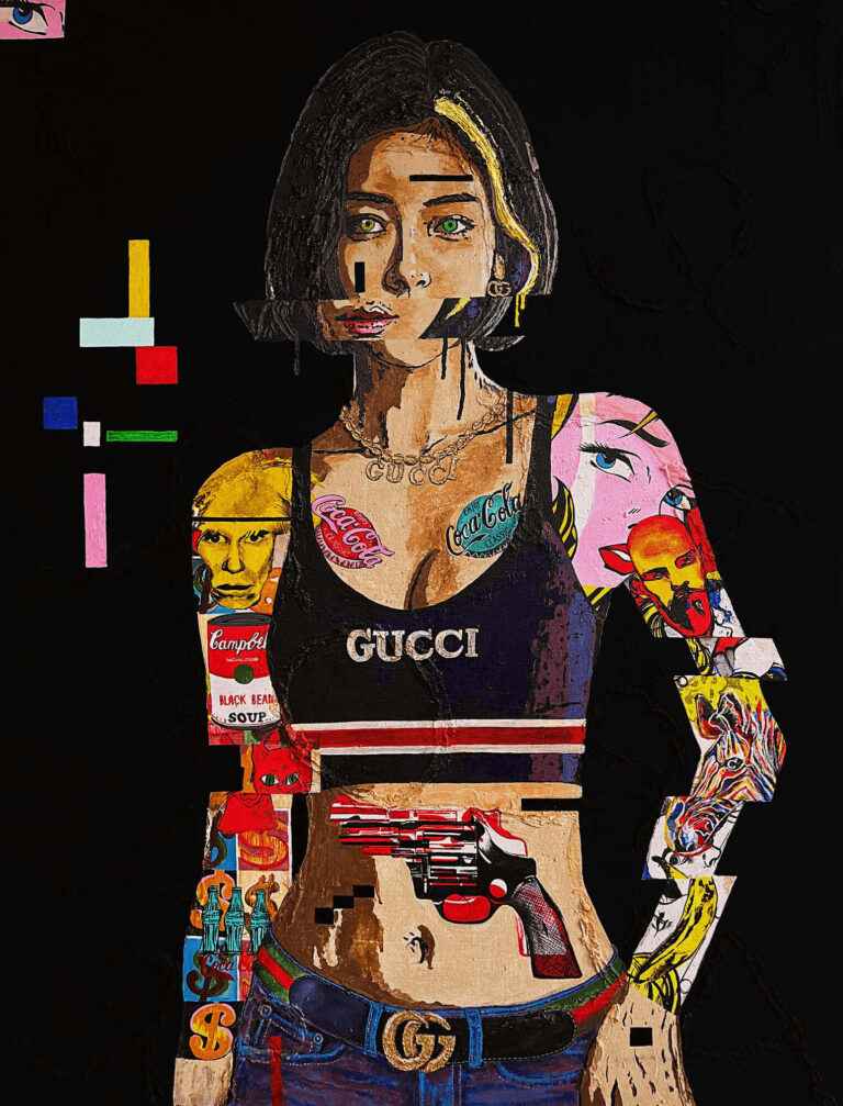 Street art painting of a woman in a Gucci crop top with sticker-covered arms, by PRAKORIN