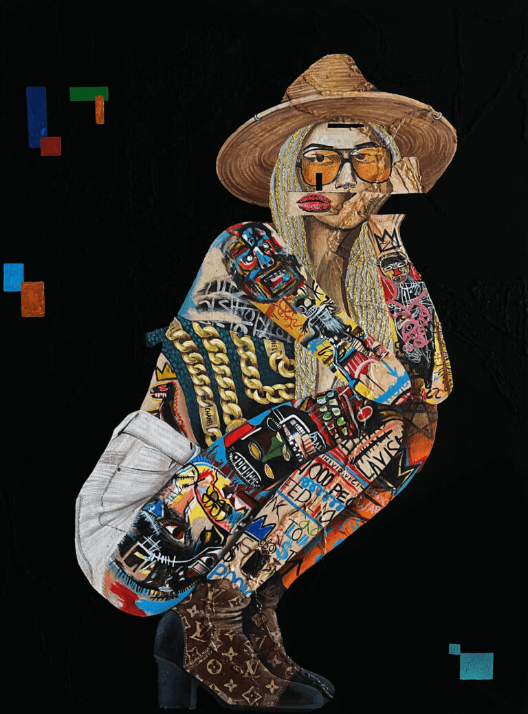 Pop art painting of a crouching woman in a cowboy hat and patterned jacket, by PRAKORIN