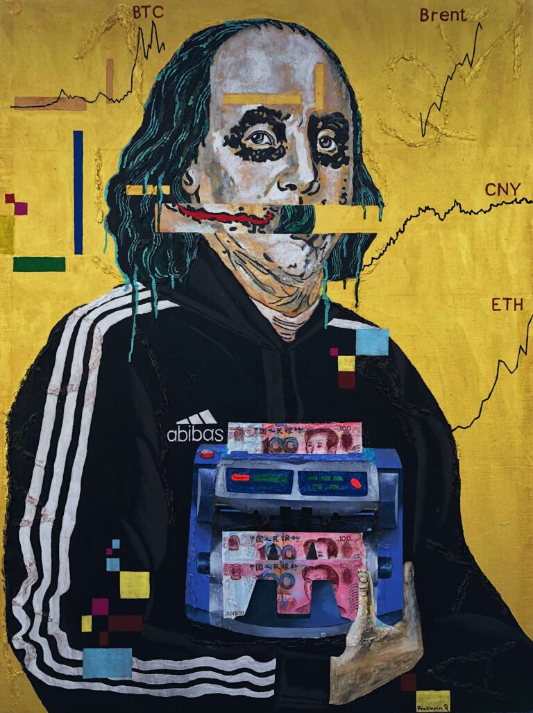SCAM: man in a black abibas hoodie holding a banknote counting machine on gold by PRAKORIN